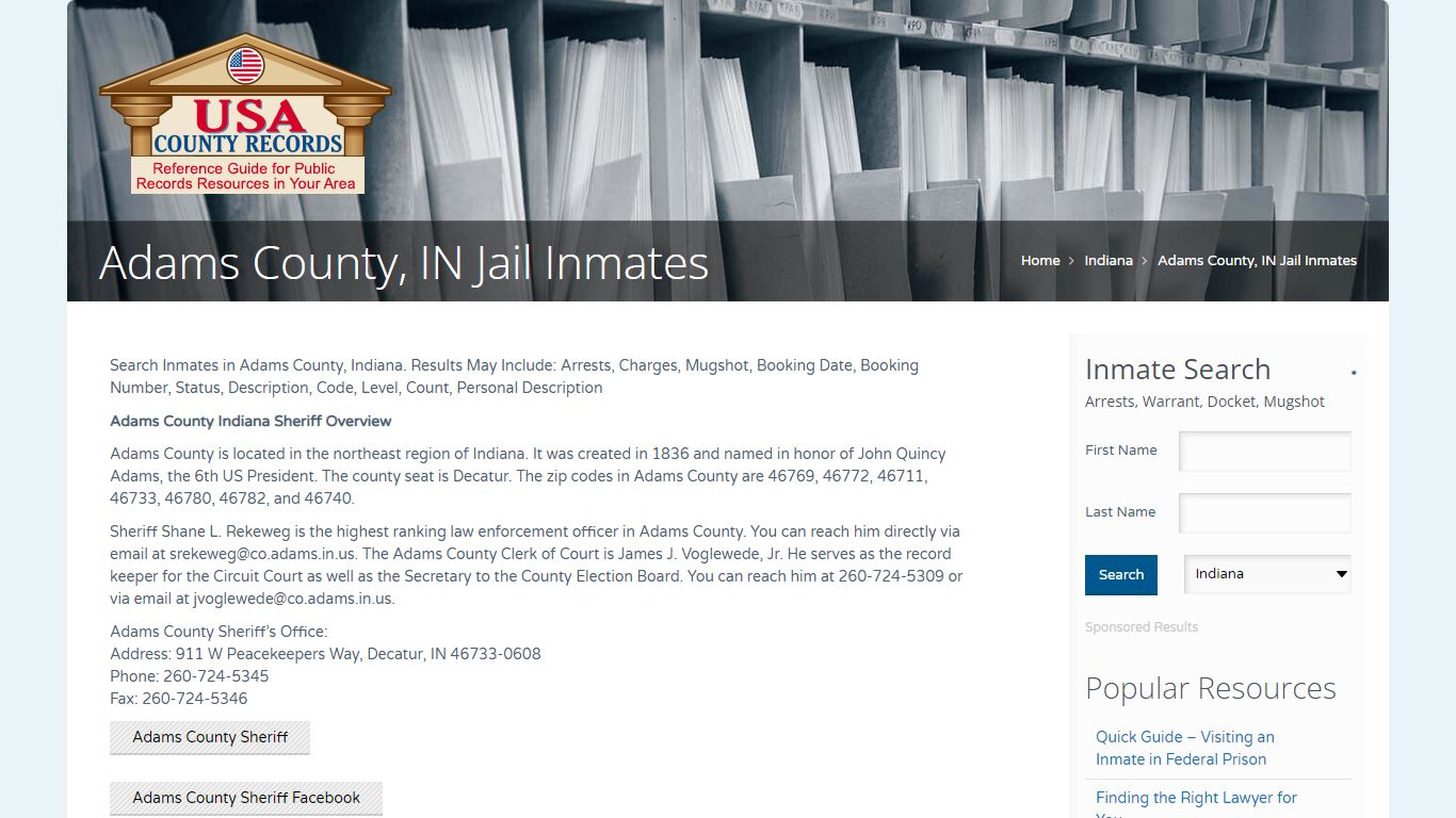 Adams County, IN Jail Inmates | Name Search