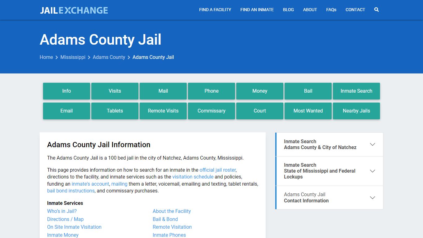 Adams County Jail, MS Inmate Search, Information
