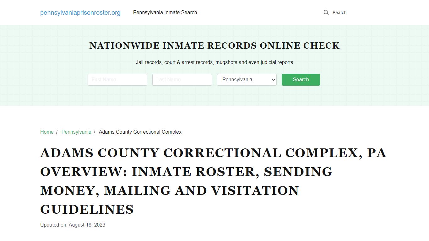 Adams County Correctional Complex, PA: Offender Search, Visitation ...