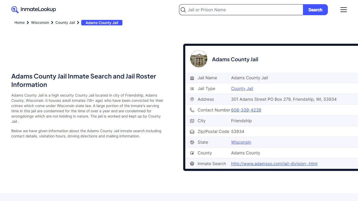 Adams County Jail Inmate Search - Friendship Wisconsin - Inmate Lookup