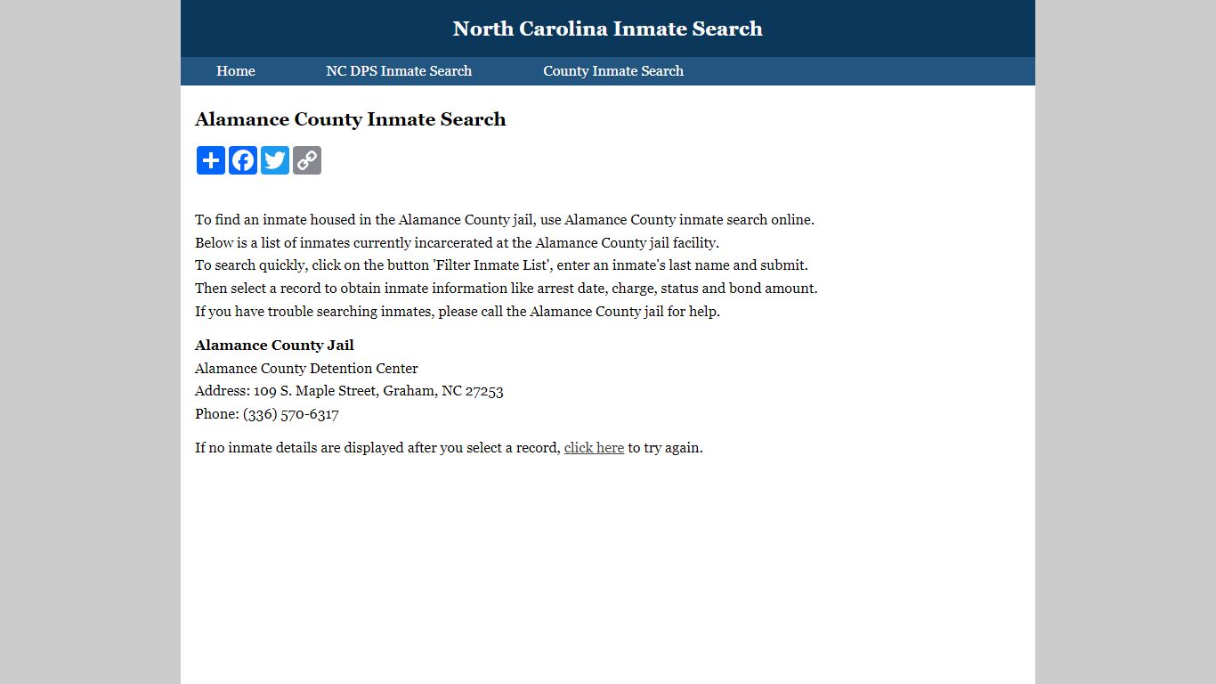 Alamance County Inmate Search - North Carolina Inmate Search