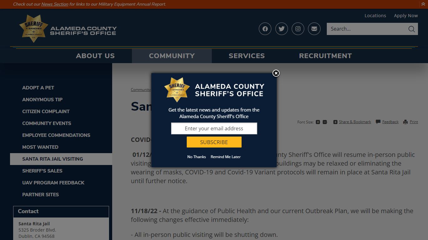 Santa Rita Jail Visiting | Alameda County Sheriff's Office, CA