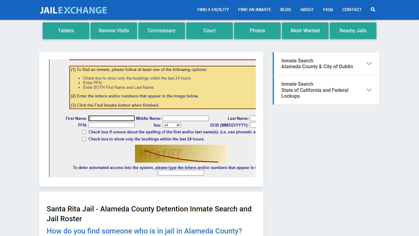Santa Rita Jail - Alameda County Detention Inmate Search