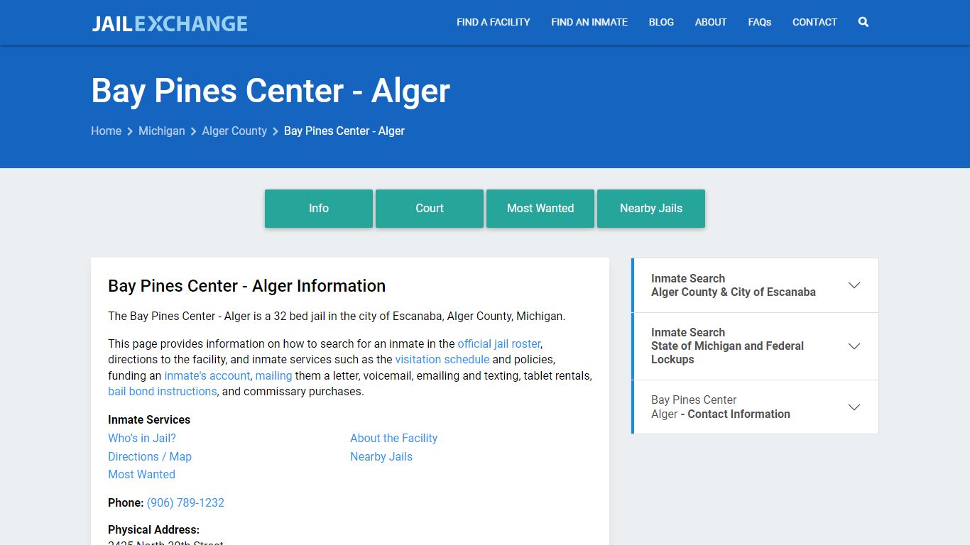 Bay Pines Center - Alger, MI Inmate Search, Information - Jail Exchange