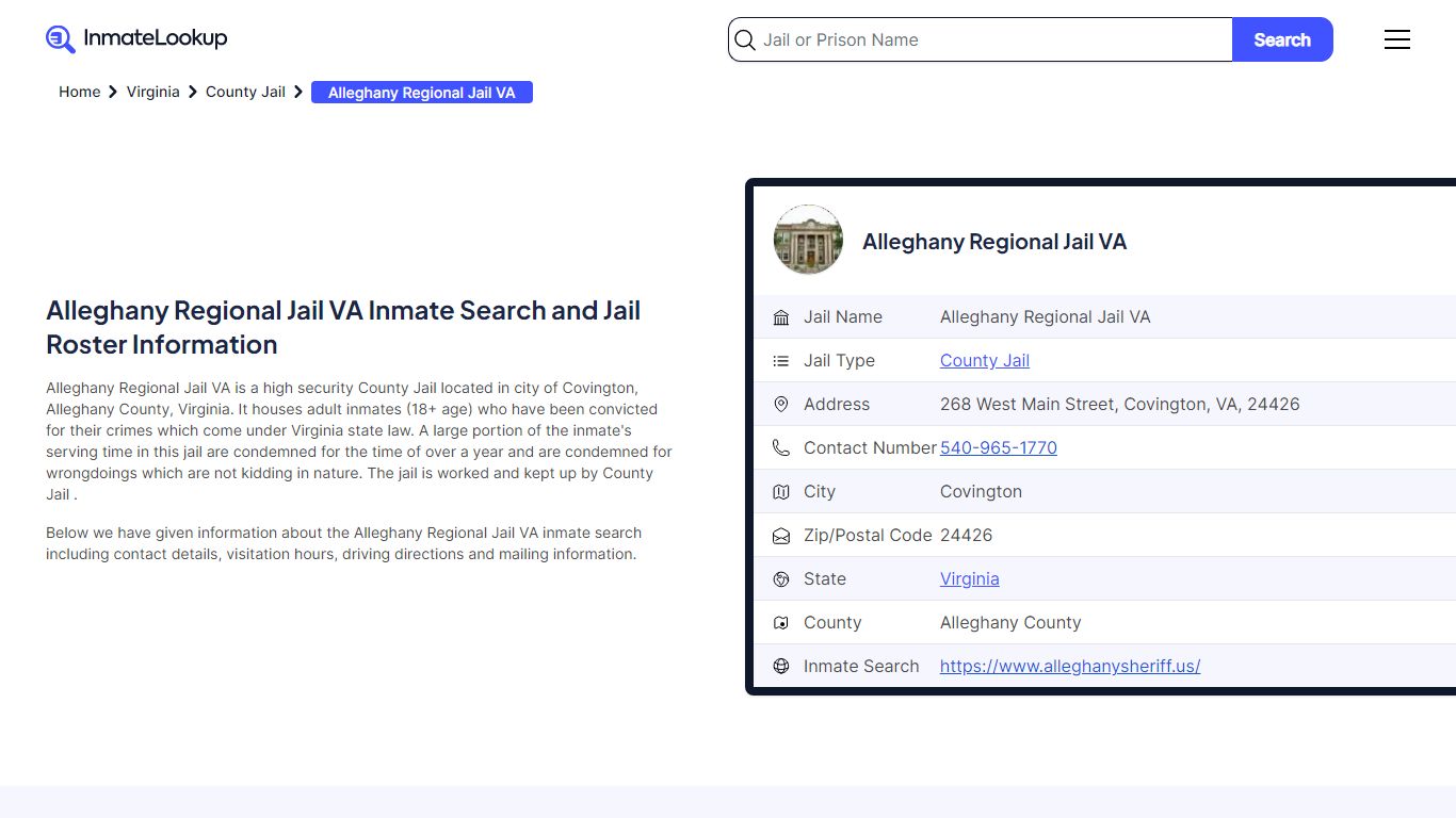 Alleghany Regional Jail VA (VA) Inmate Search Virginia - Inmate Lookup