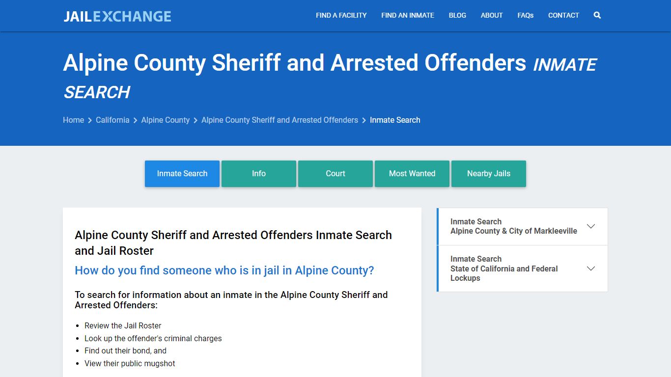Alpine County Sheriff and Arrested Offenders Inmate Search - Jail Exchange
