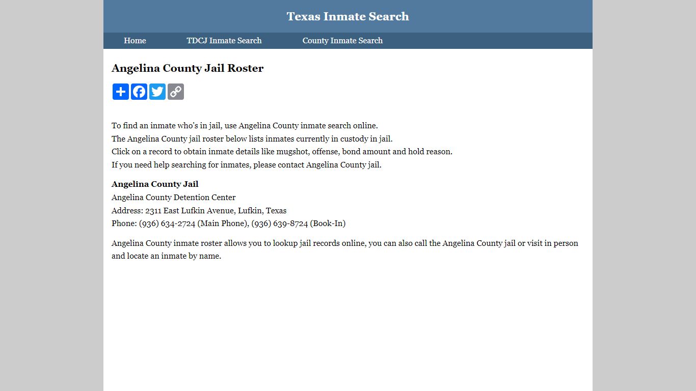 Angelina County Jail Roster - Texas Inmate Search