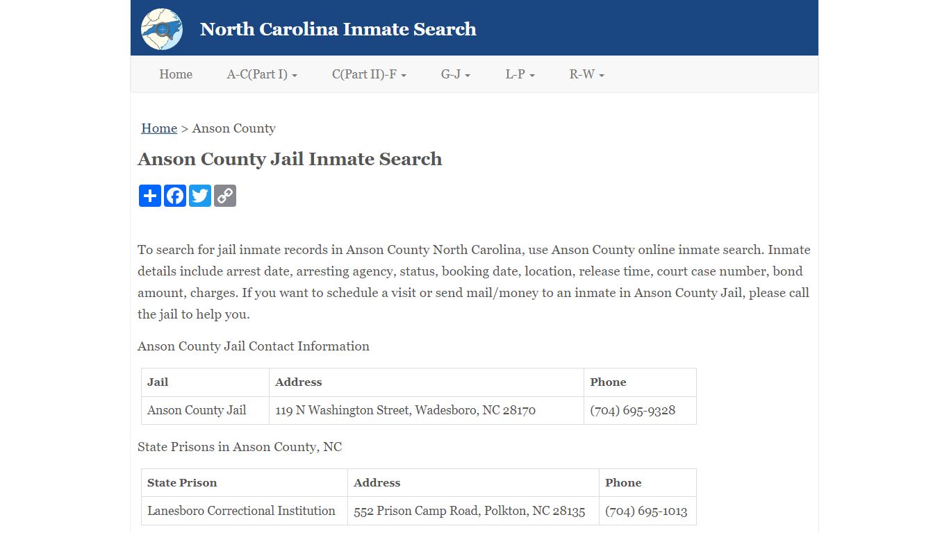 Anson County Jail Inmate Search