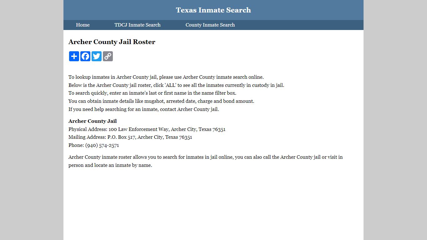 Archer County Jail Roster - Texas Inmate Search