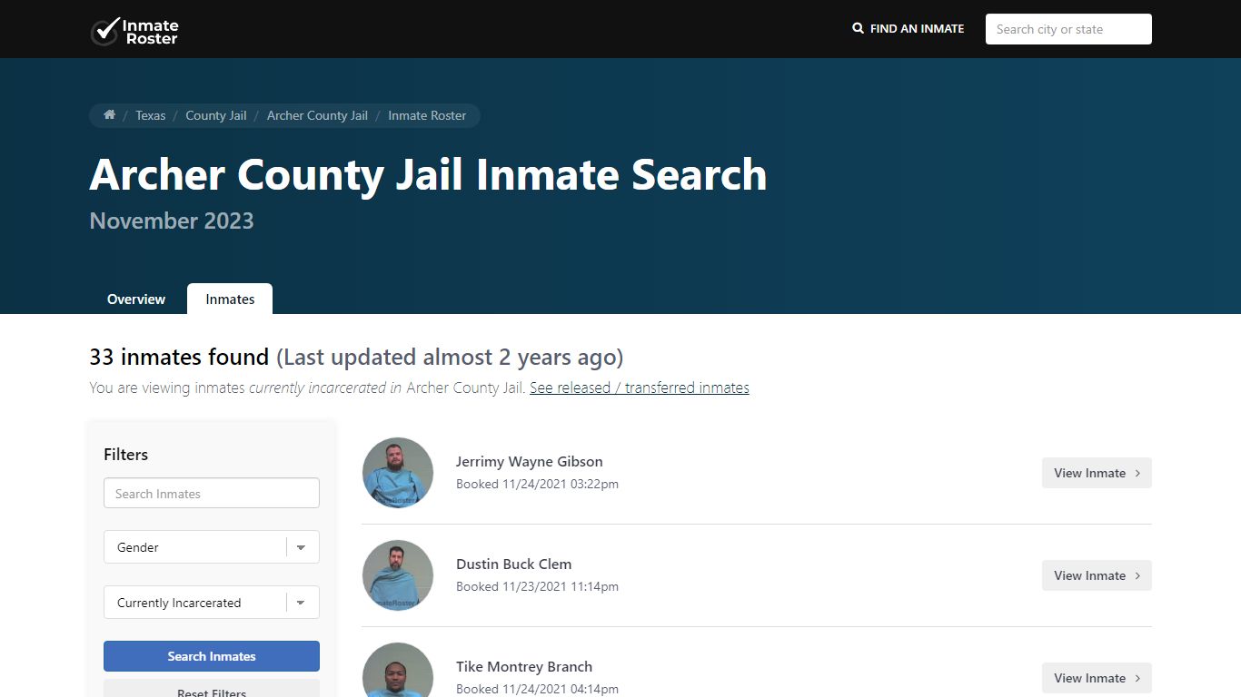 Current Inmate Roster for Today | Archer County Jail