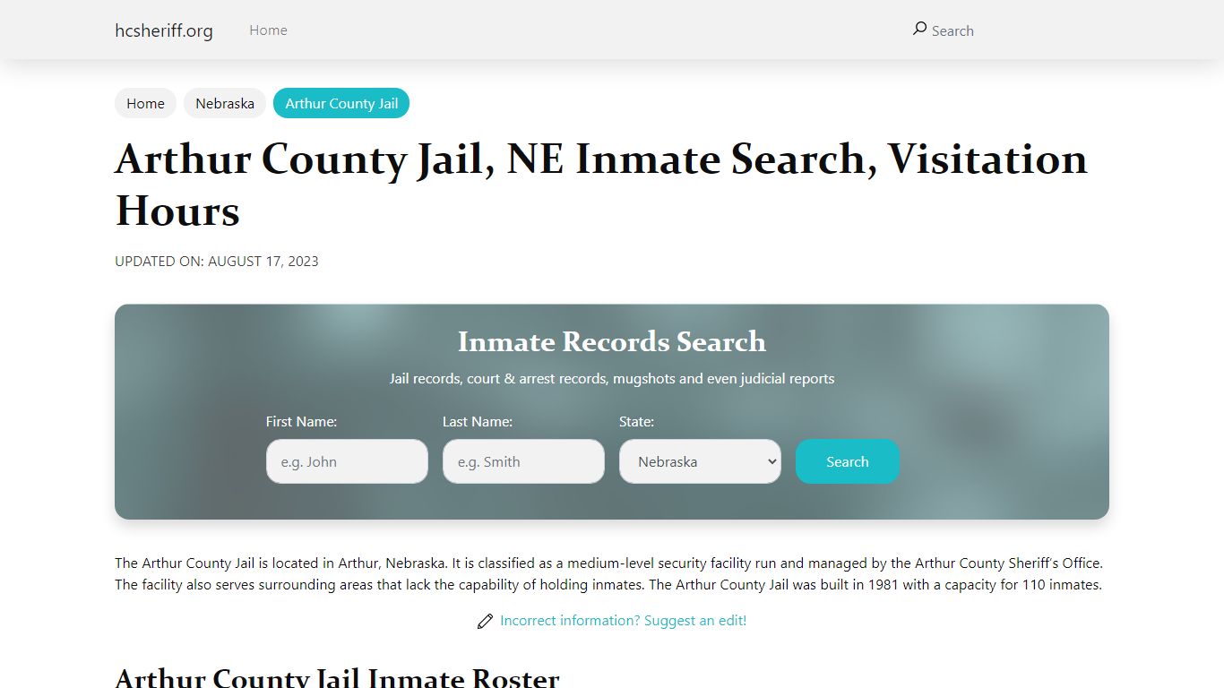 Arthur County Jail, NE Inmate Search, Visitation Hours