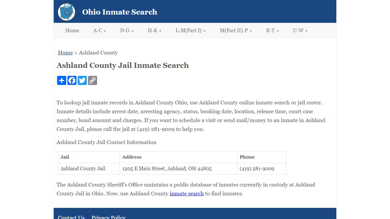 Ashland County Jail Inmate Search