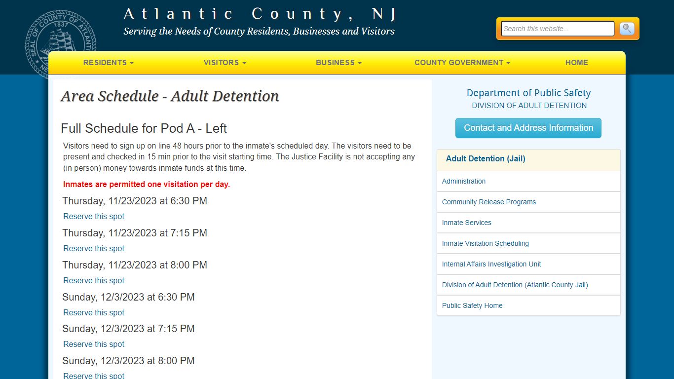 Area Schedule - Adult Detention - Atlantic County, New Jersey