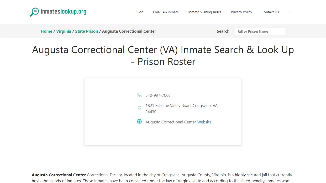 Augusta Correctional Center (VA) Inmate Search & Look Up - Inmate Lookup