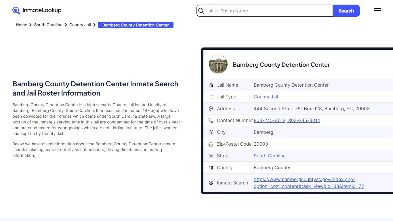 Bamberg County Detention Center (SC) Inmate Search South Carolina ...