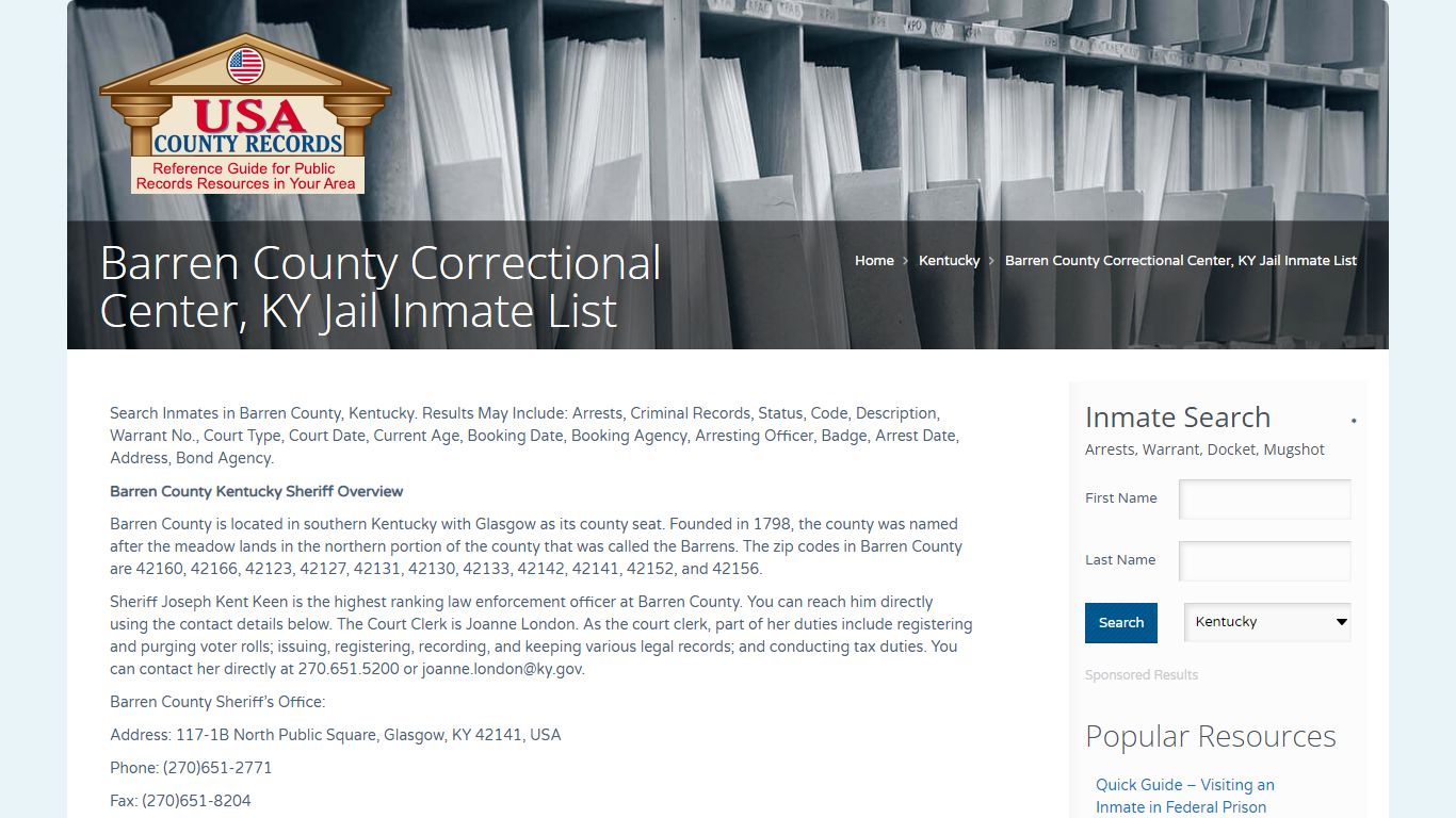 Barren County Correctional Center, KY Jail Inmate List