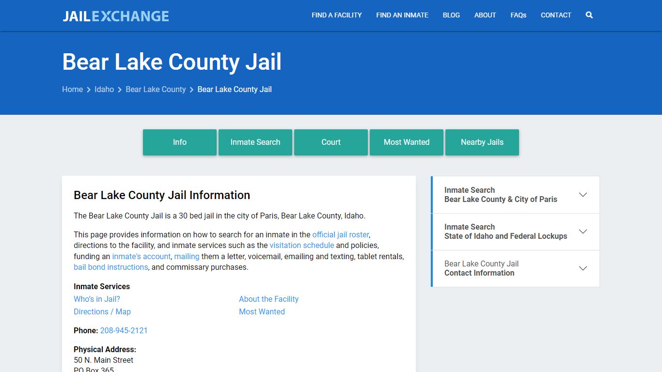 Bear Lake County Jail, ID Inmate Search, Information