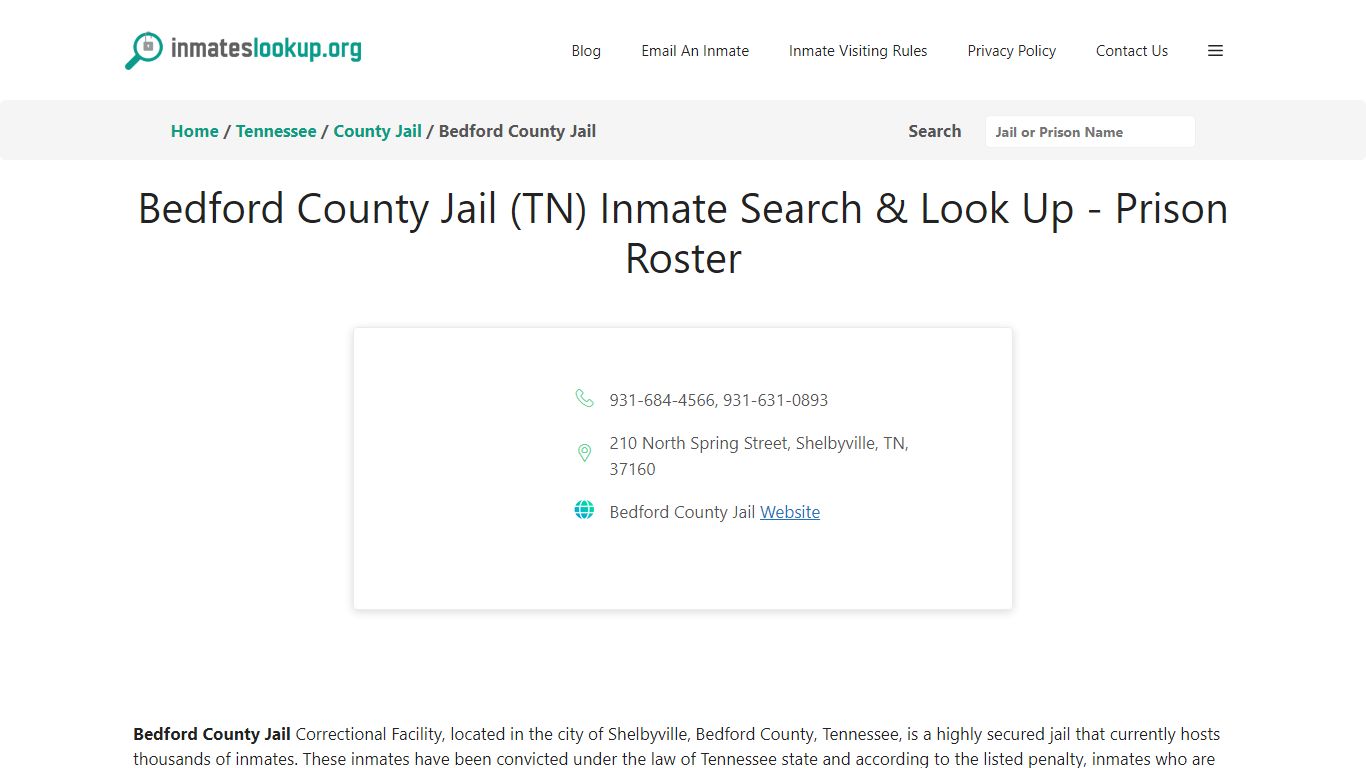 Bedford County Jail (TN) Inmate Search & Look Up - Prison Roster