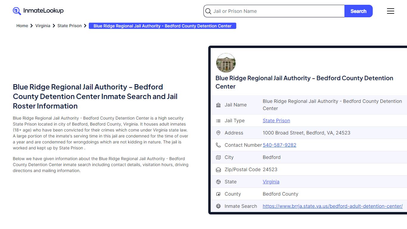 Blue Ridge Regional Jail Authority - Bedford County ... - Inmate Lookup