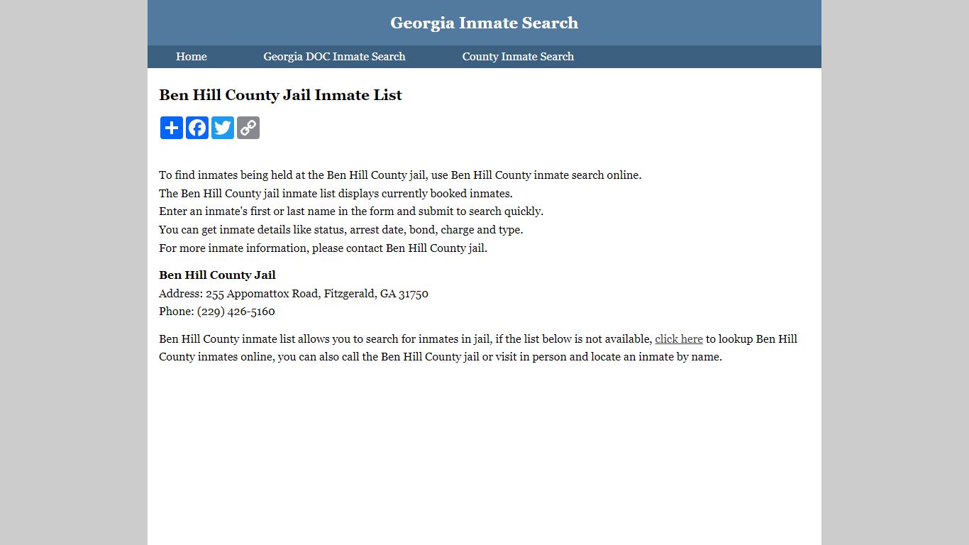 Ben Hill County Jail Inmate List - Georgia Inmate Search