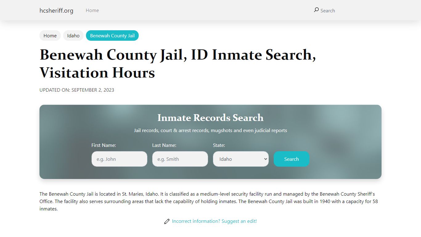 Benewah County Jail, ID Inmate Search, Visitation Hours