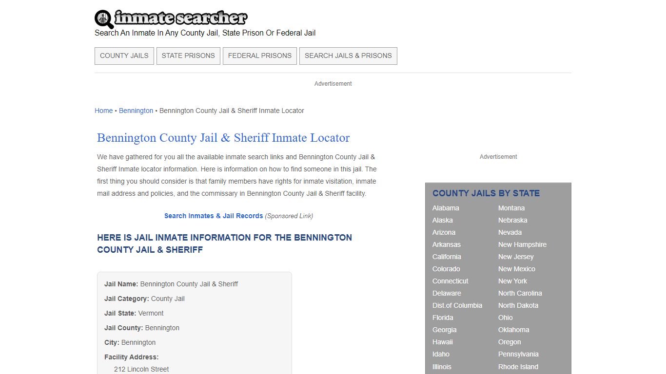 Bennington County Jail & Sheriff Inmate Locator - Inmate Searcher