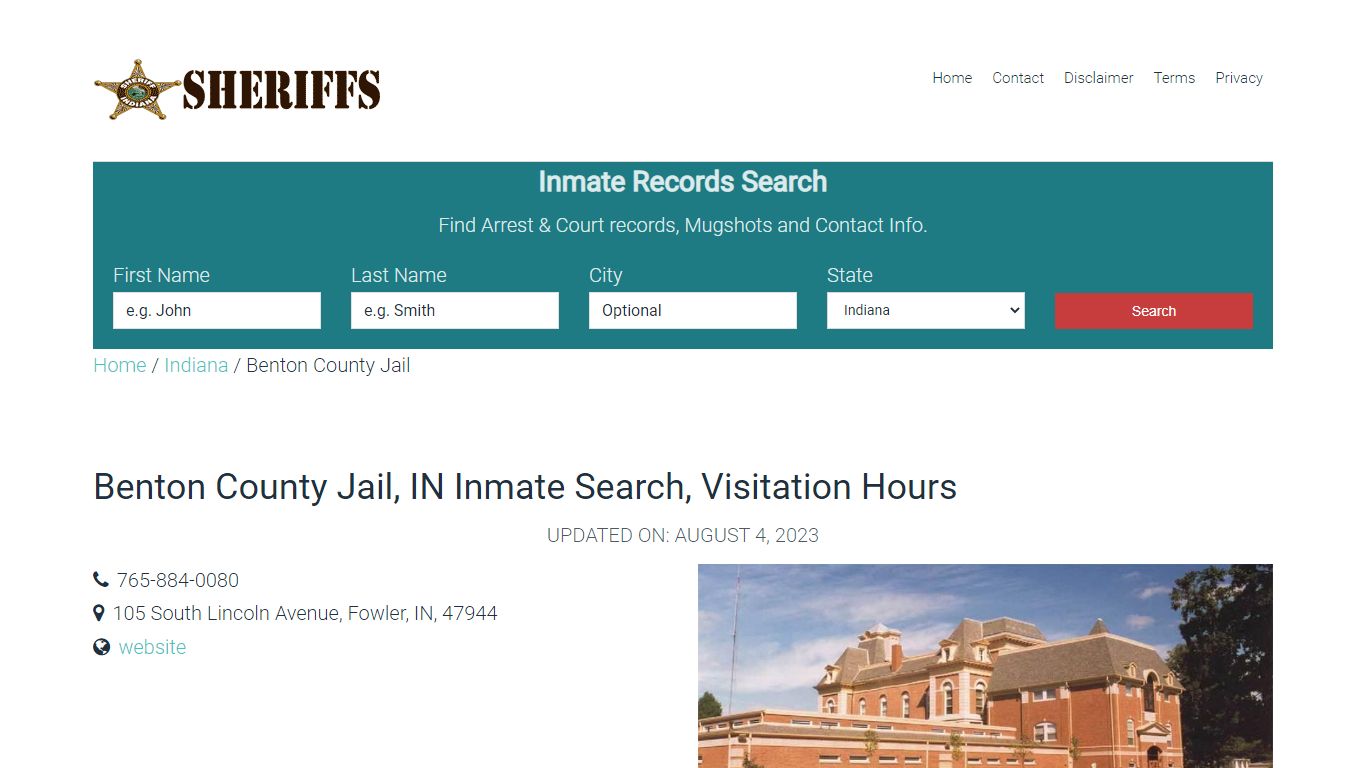Benton County Jail, IN Inmate Search, Visitation Hours