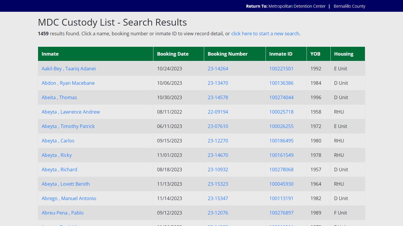 Custody List Search Results - Bernalillo County