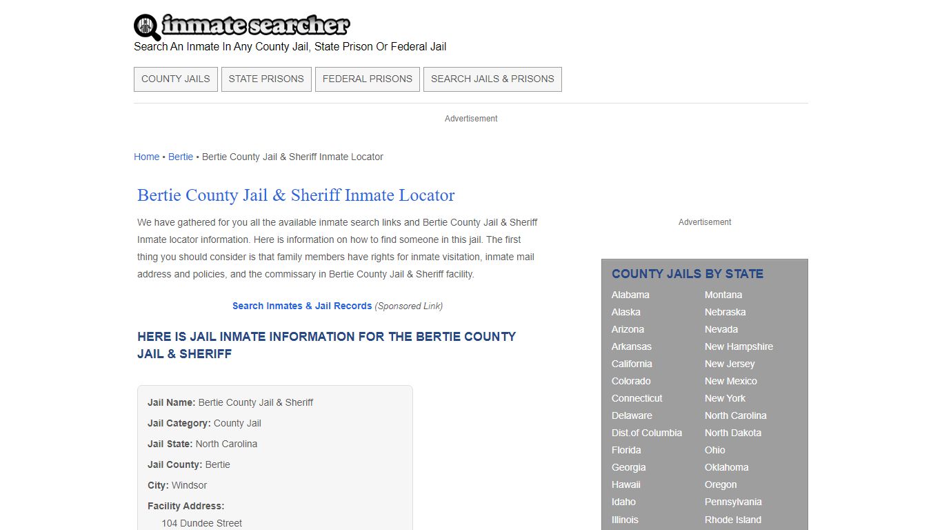 Bertie County Jail & Sheriff Inmate Locator - Inmate Searcher