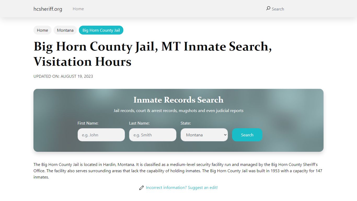 Big Horn County Jail , MT Inmate Search, Visitation Hours