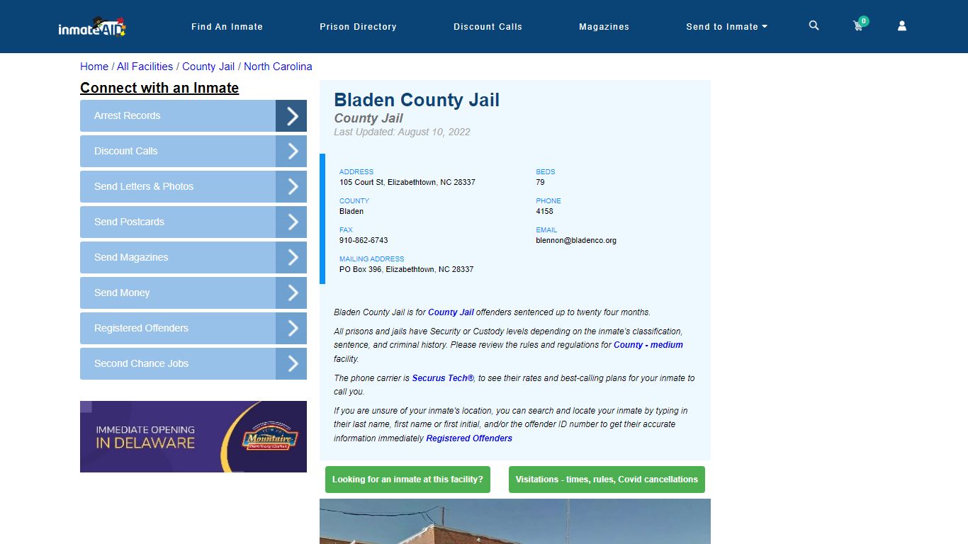 Bladen County Jail - Inmate Locator - Elizabethtown, NC