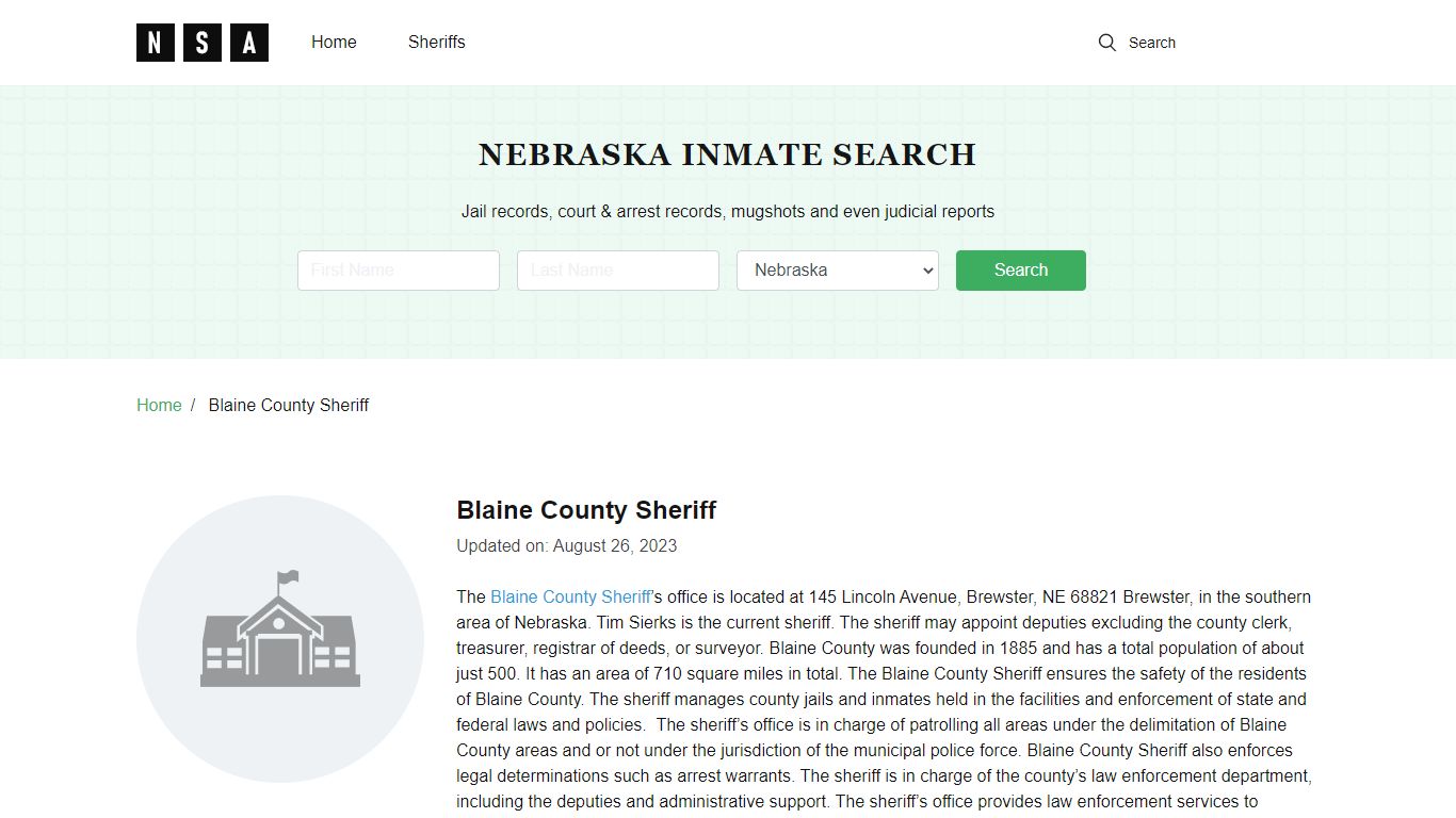 Blaine County Sheriff, Nebraska and County Jail Information