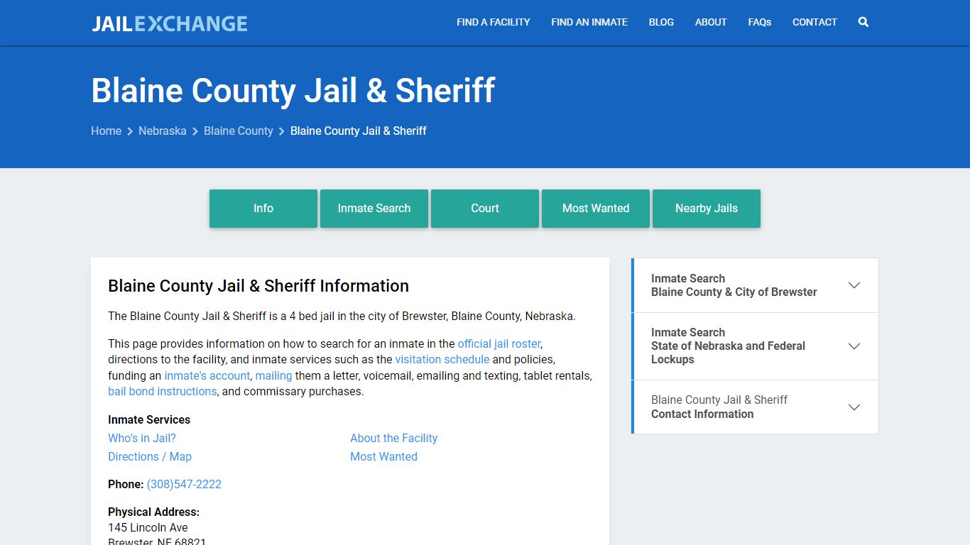 Blaine County Jail & Sheriff, NE Inmate Search, Information