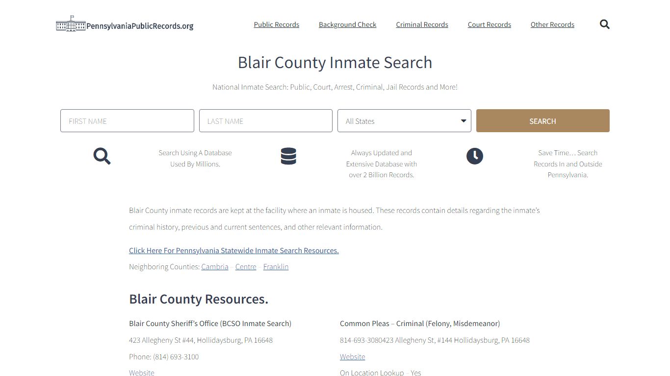 Blair County Inmate Search - BCSO Current & Past Jail Records