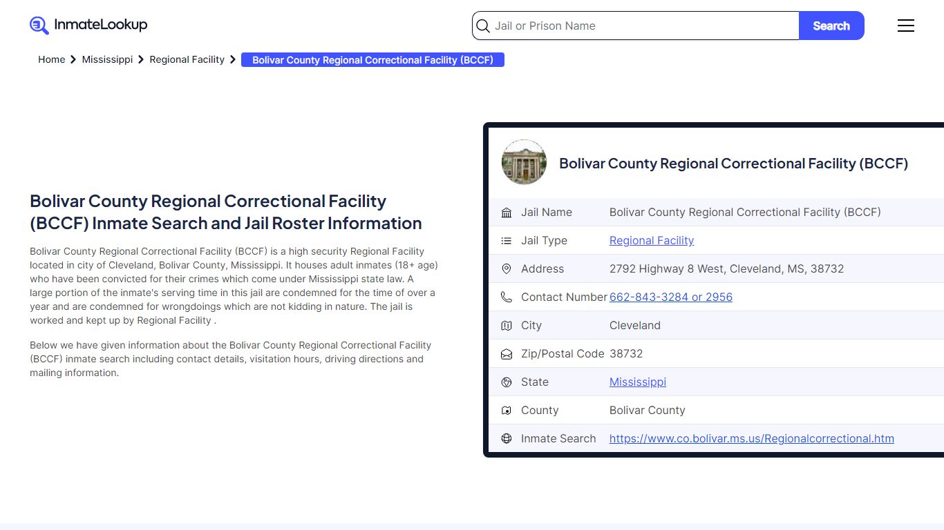 Bolivar County Regional Correctional Facility (BCCF) Inmate Search ...