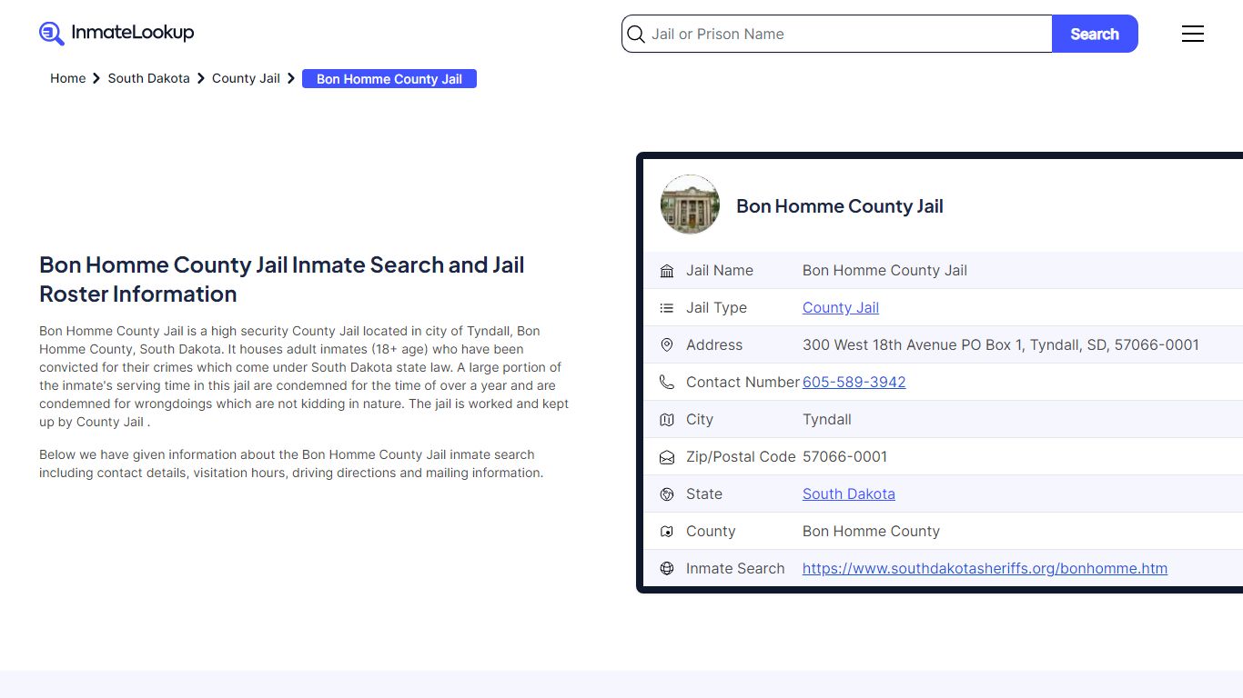 Bon Homme County Jail Inmate Search - Tyndall South Dakota - Inmate Lookup