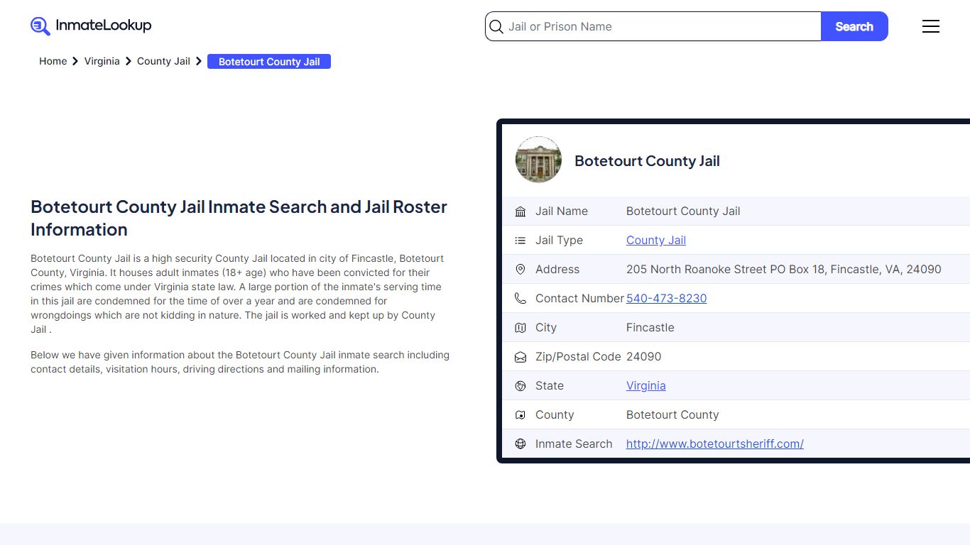 Botetourt County Jail Inmate Search - Fincastle Virginia - Inmate Lookup