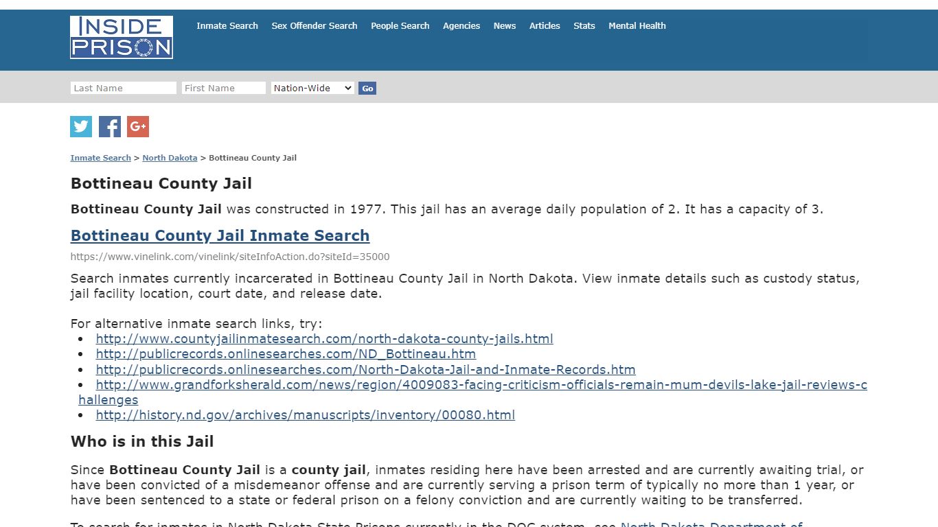 Bottineau County Jail - North Dakota - Inmate Search - Inside Prison