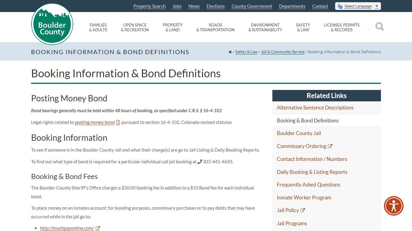 Booking Information & Bond Definitions - Boulder County