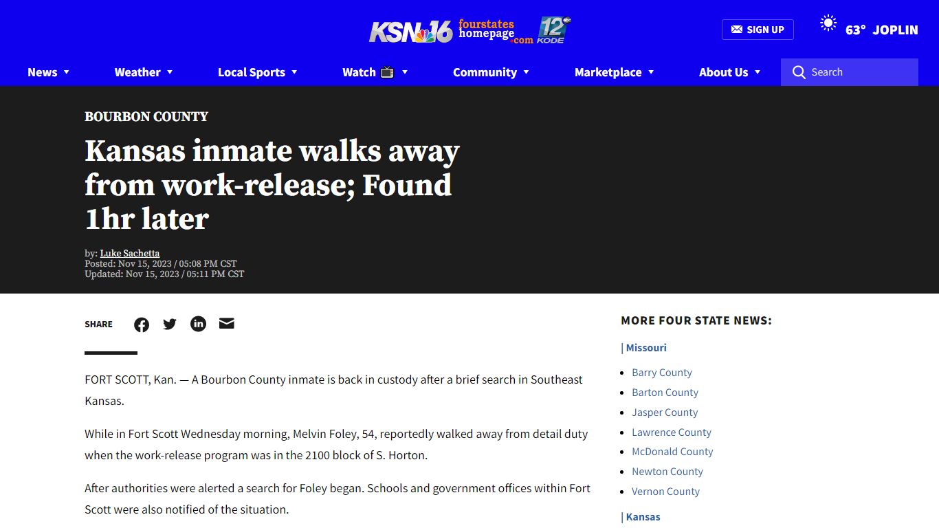 Kansas inmate walks away from work-release; Found 1hr later