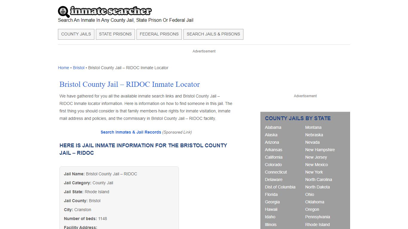 Bristol County Jail - RIDOC Inmate Locator - Inmate Searcher
