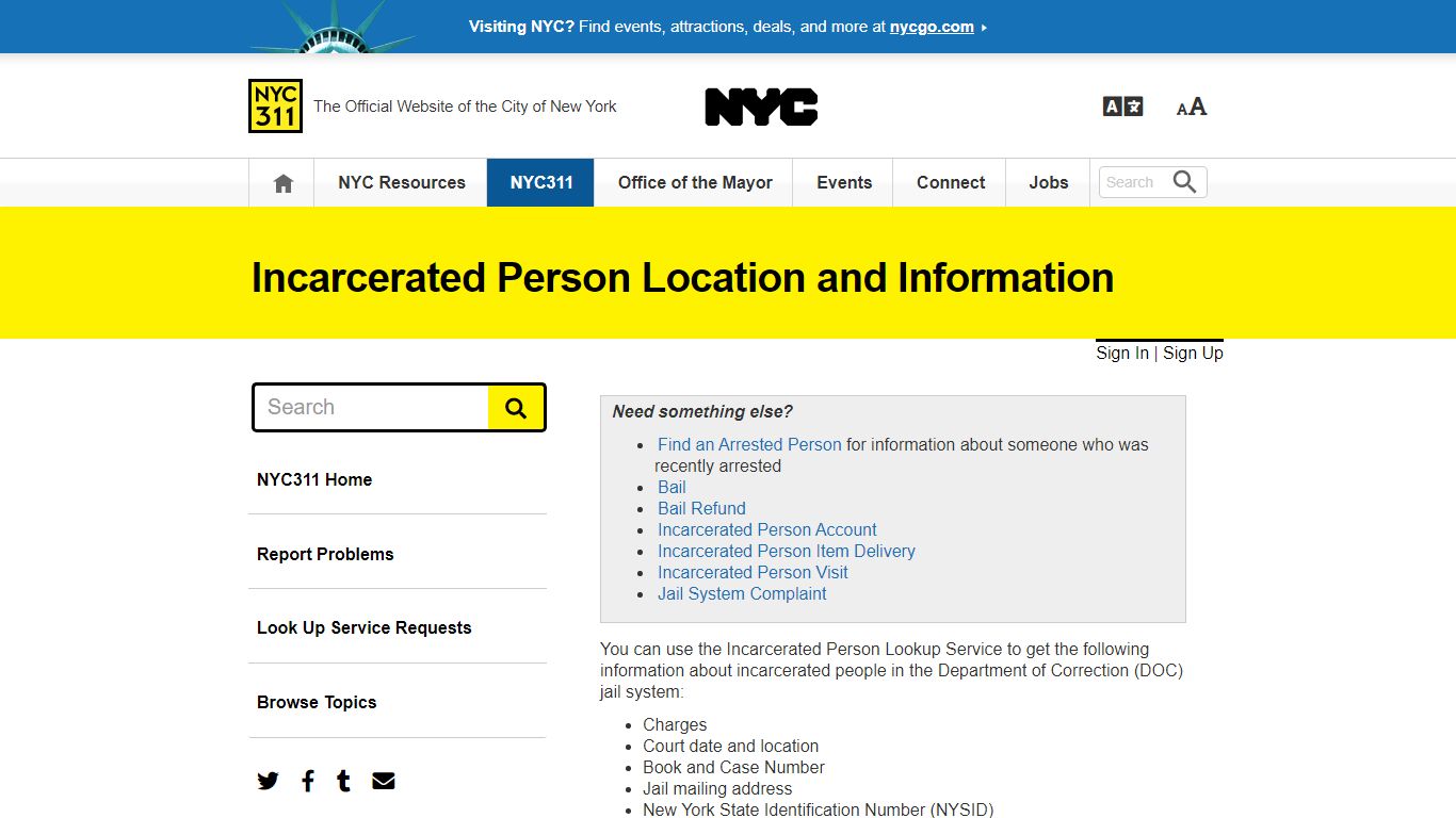 Incarcerated Person Location and Information · NYC311