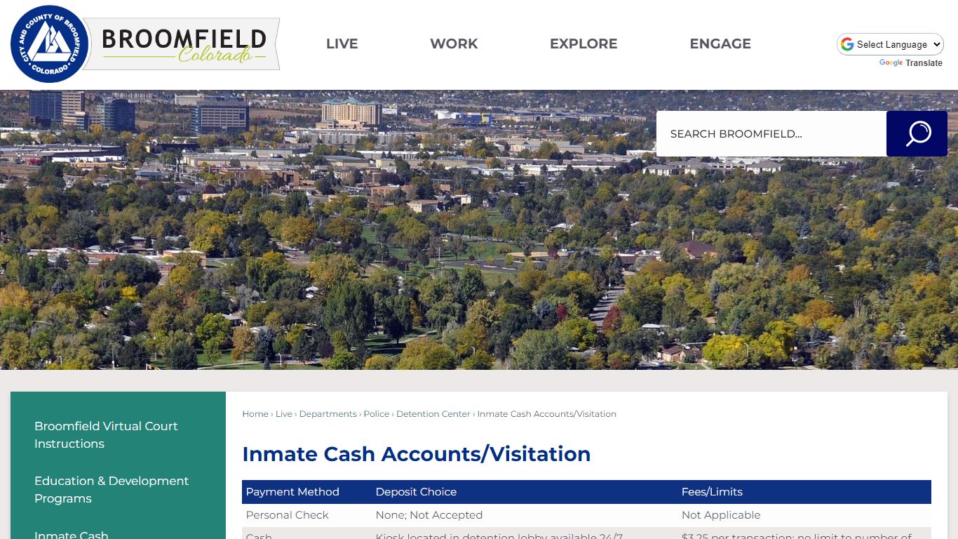 Inmate Cash Accounts/Visitation | City and County of Broomfield ...