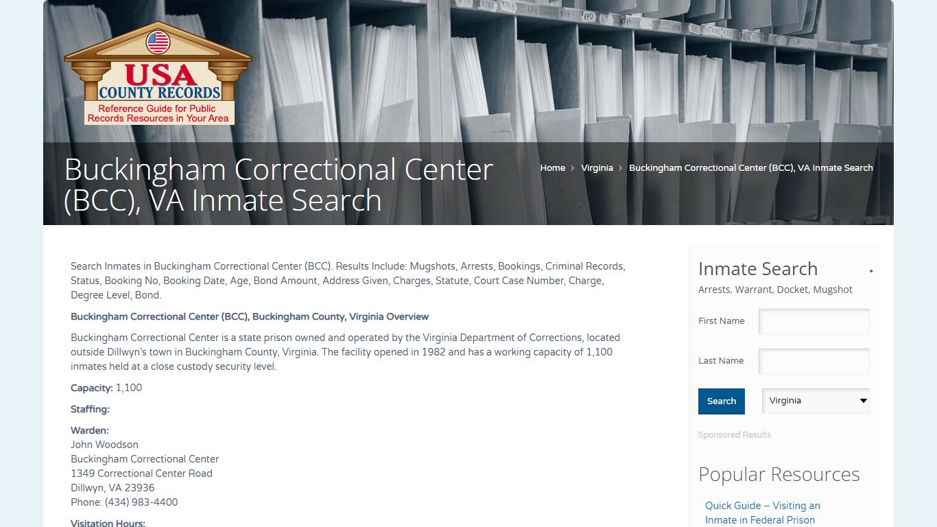 Buckingham Correctional Center (BCC), VA Inmate Search