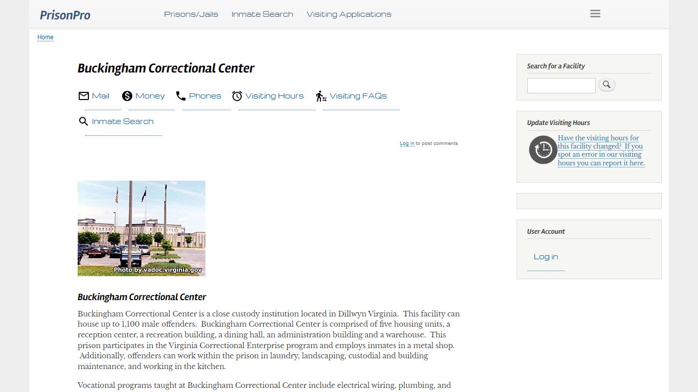 Buckingham Correctional Center Visiting hours, inmate phones, mail