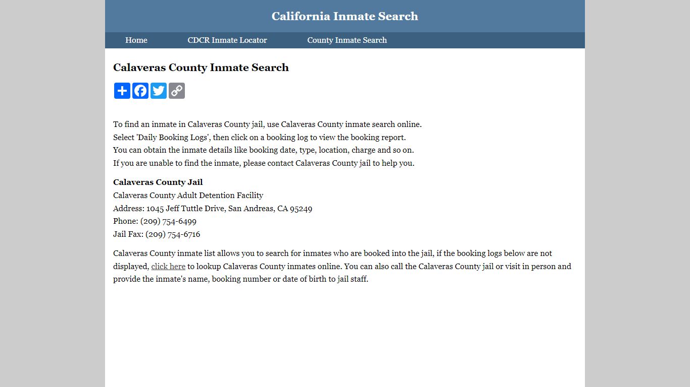 Calaveras County Inmate Search - California Inmate Search