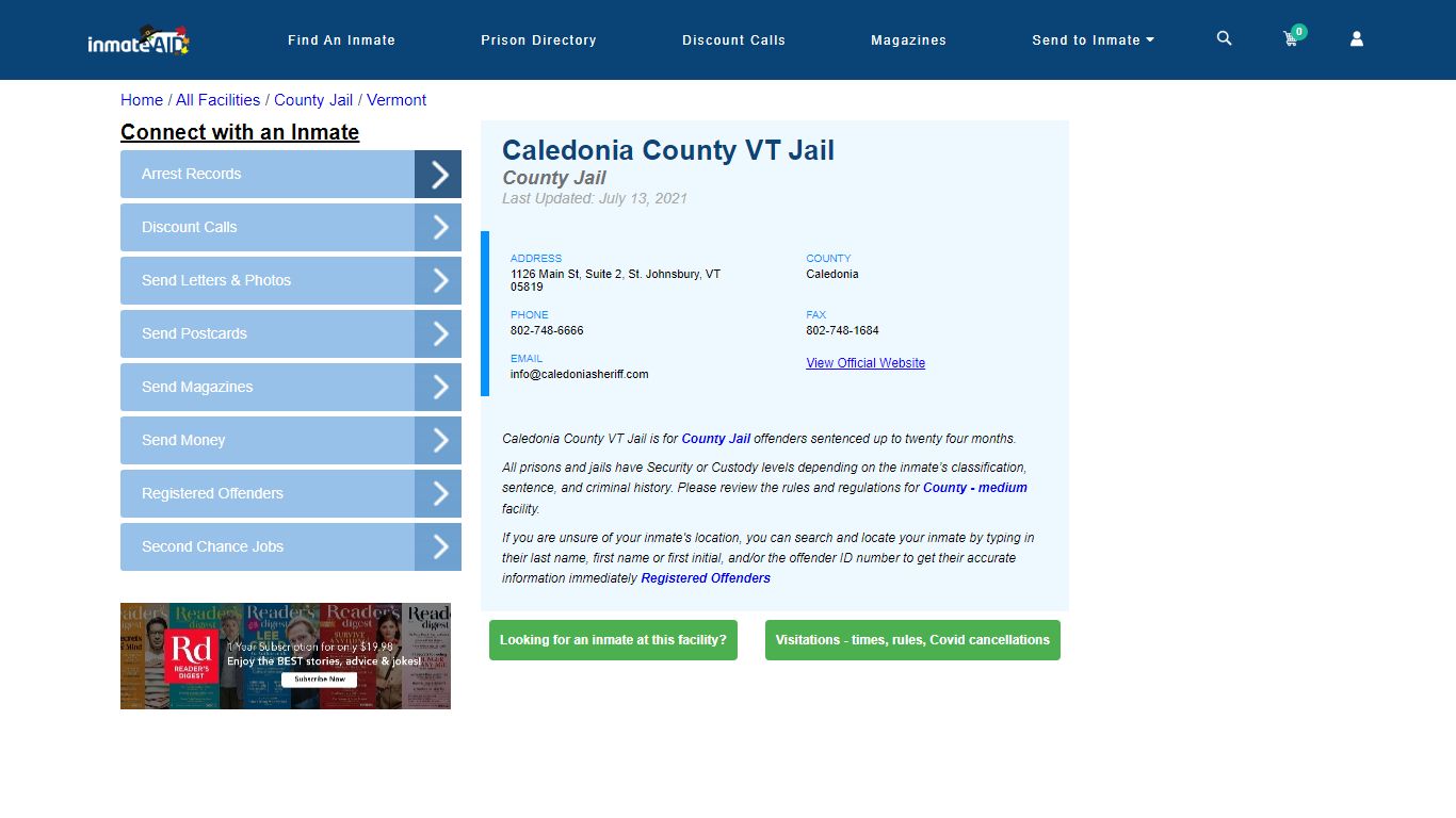 Caledonia County VT Jail - Inmate Locator - St. Johnsbury, VT