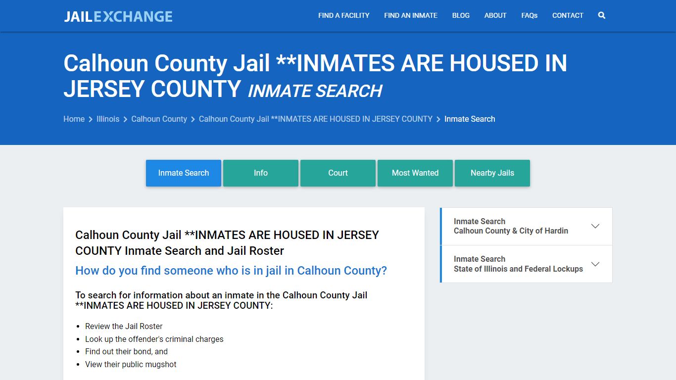 Calhoun County Jail **INMATES ARE HOUSED IN JERSEY COUNTY Inmate Search