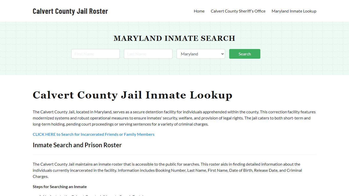 Calvert County Jail Roster Lookup, MD, Inmate Search