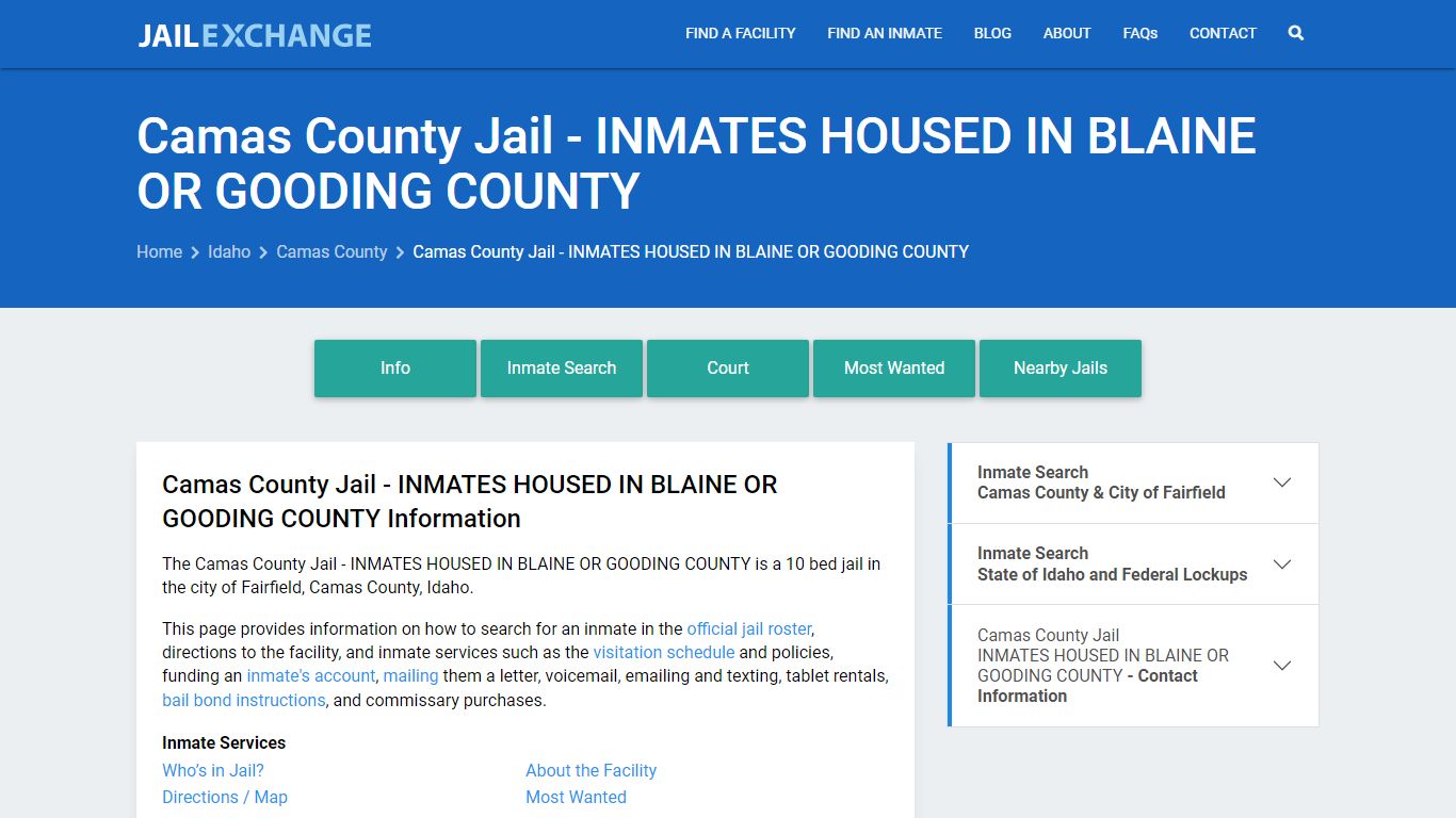 Camas County Jail - INMATES HOUSED IN BLAINE OR GOODING COUNTY